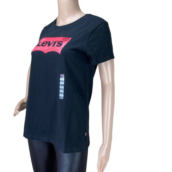 New Levi's Women's Black Logo Perfect Crew Neck Pullover Cotton T-Shirt Size SP - Picture 1 of 6